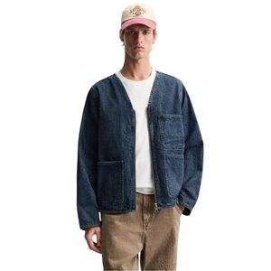 Zara Boxy Denim Zip Up Jacket Size Medium Blue Equestrian Classic Prep